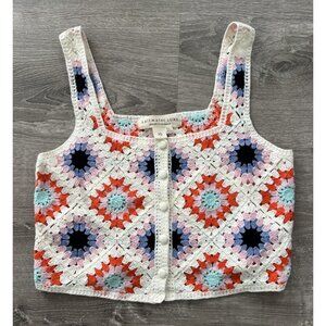 Saltwater Luxe Crochet Top Womens XS Granny Square Crop Button Front Boho Summer